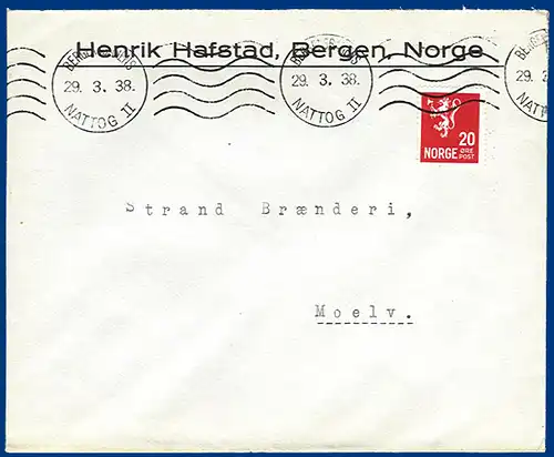 Norwegen, Nattog II, Bergensbanen Nachtzug Bahnpost Brief m. 20 öre. #S564