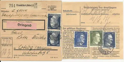 DR 1942, Frankfurt (Oder), Paketkarte m. DRINGEND Frankatur. #2095