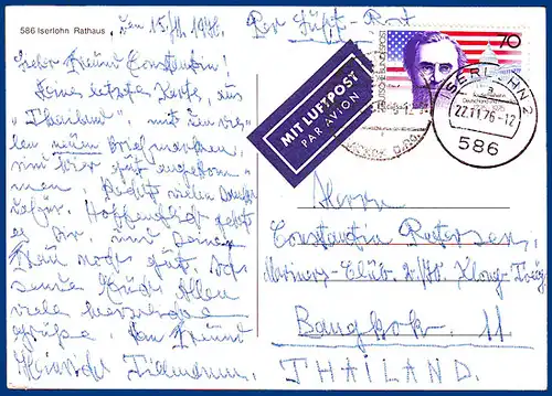 BRD 1976, EF 70 Pfg. auf Luftpostkarte v. Iserlohn n Thailand. Destination #S422