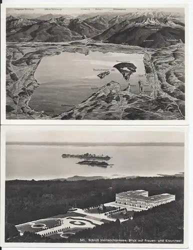 Chiemsee Schloss u. Panorama m. Gstadt, Stock etc. 2 alte ungebr. sw-AKs. #1822