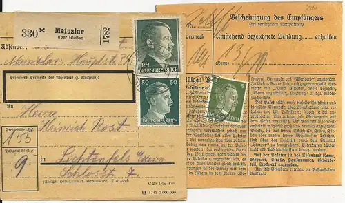 DR 1942, Mainzlar über Giessen, Paketkarte m.  3 Marken n. Lichtenfels. #2898