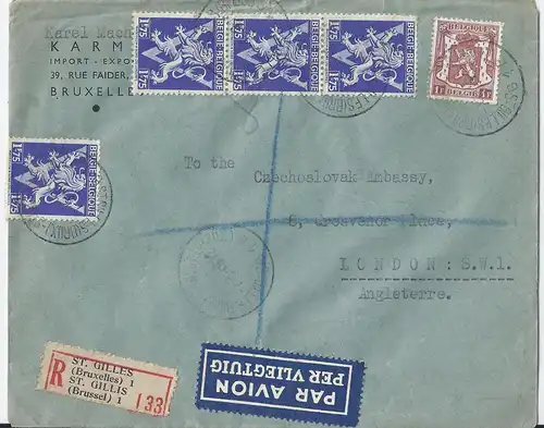 Belgien 1946, Einschreiben Luftpost Brief v. St. Gilles an CSSR Embassy GB #1721