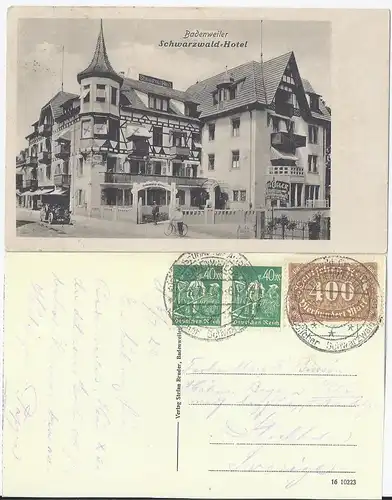 Badenweiler 1923, sw AK Schwarzwald Hotel m. Infla Marken n. Schweden gebr. #235