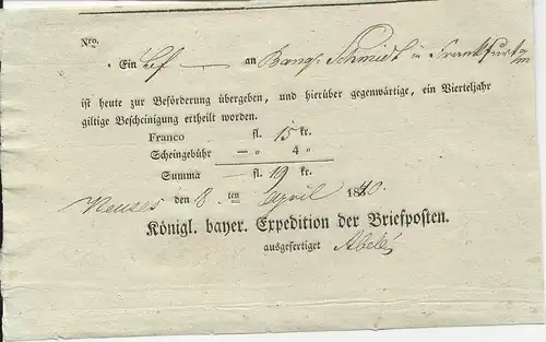 Bayern 1840, Neuses, Postschein m. hds. geänderter Jahreszahl. #582