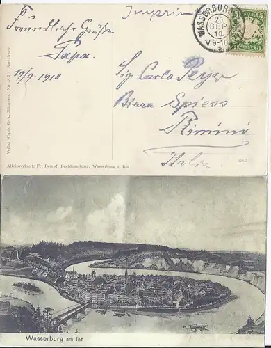 Bayern 1910, Wasserburg R, Reservestempel auf AK m. 5 Pf. n. Italien. #2248