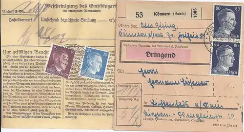 DR 1942, Könnern Saale, Paketkarte "Dringend" n.  Lichtenfels. #2259