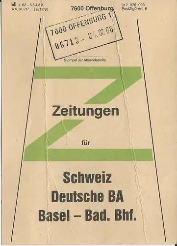 BRD 1986, R2 Offenburg auf Bief Bund Fahne f. Zeitungen i.d. Schweiz. Bahnpost.