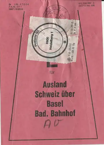 BRD 1986, Bief Bund Fahne m. PA Siegel v. Heidelberg i.d. Schweiz. Bahnpost.