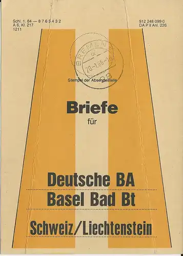 BRD 1986, Bief Bund Fahne f. Briefe Bremen - Schweiz/Liechtenstein. Bahnpost.