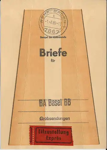 BRD 1986, Brief Bund Fahne f. Eilboten Grobsendungen v. Wehr i.d. Schweiz 