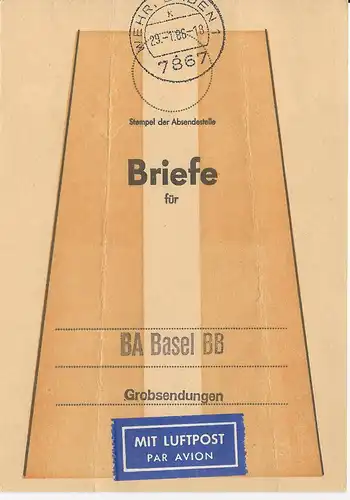 BRD 1986, Brief Bund Fahne f. Luftpost Briefe v. Wehr i.d. Schweiz 