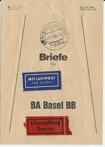 BRD 1986, Brief Bund Fahne f. Luftpost Express Briefe v Rickenbach i.d. Schweiz 