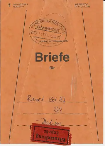 BRD 1985, Eilboten Brief Bund Fahne m. Bahnpost Frankfurt Basel i.d. Schweiz. 