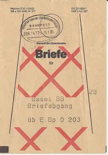 BRD 1986, Brief Bund Fahne m. Bahnpost Frankfurt Freiburg i.d. Schweiz 