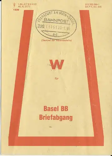 BRD 1986, Brief Bund Fahne f. Wert Bfe m. Bahnpost Frankfurt Basel i.d. Schweiz 