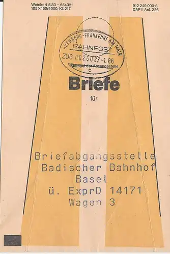 BRD 1986, Brief Bund Fahne m. Bahnpost Nürnberg Frankfurt  i.d. Schweiz 