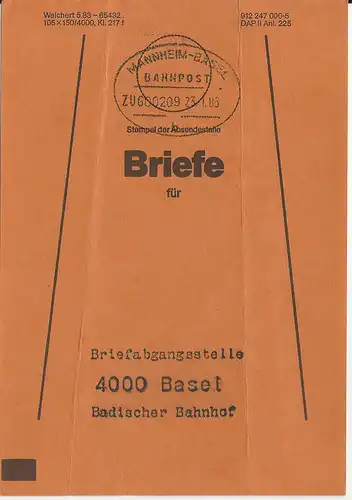 BRD 1986, Brief Bund Fahne m. Bahnpost Mannheim Basel i.d. Schweiz.