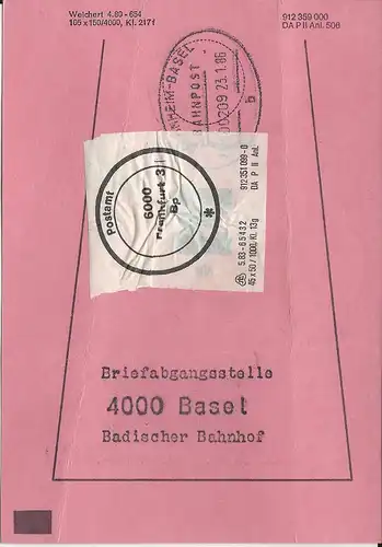 BRD 1986, Brief Bund Fahne m. Bahnpost u. PA Siegel Frankfurt i.d. Schweiz.