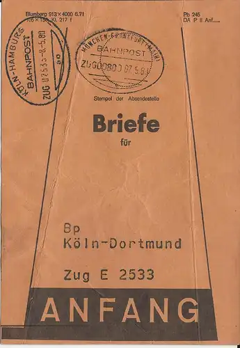 BRD 1980, Brief Bund Fahne m. Bahnpost München Frankfurt u. Köln Hamburg