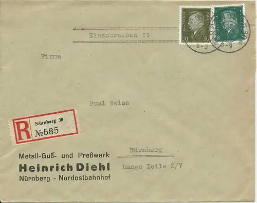 DR 1929, 8+30 Pf. auf Orts Einschreiben Brief v. Nürnberg