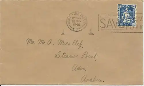 Irland 1946, 2 1/2 P. auf Brief n. Aden. Destination! 