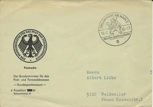 BRD 1966, portofreier Postsache Brief m. Sonderstempel Postmuseum Frankfurt