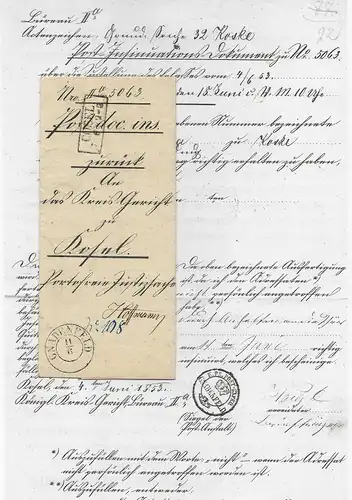 Preussen 1853, gedrucktes Post Insinuations Dokument, R2 Cosel u. K2 Gnadenfeld 