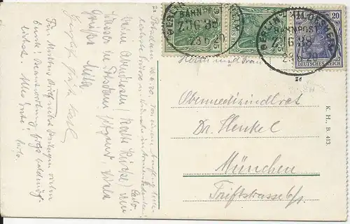 DR 1920, Bahnpost Berlin Hildesheim Zug 38 auf AK v. Potsdam m 3 Germania Marken