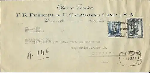 Spanien 1937, Luftpost Einschreiben Brief v. Barcelona i.d. Schweiz
