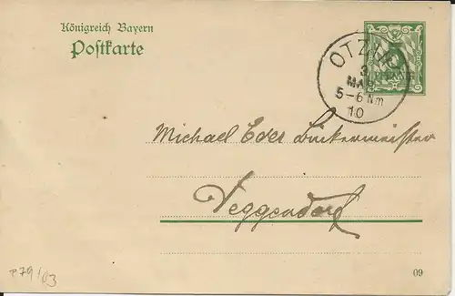 Bayern 1910, K1 Otzing (Ndb.) klar auf 5 Pf. Ganzsache n. Deggendorf