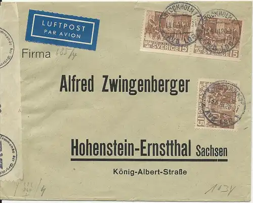 Schweden 1941, MeF 3x15 öre auf Luftpost Zensur Brief v. Stockholm n. Sachsen.