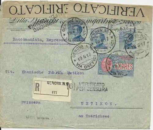 Italien 1917, Zensur Einschreiben Express Brief v. Genova No.9 i.d. Schweiz