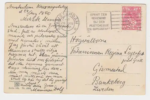 NL 1920, 5 C. m. perfins Firmenlochung auf Karte v. Amsterdam n. Schweden.