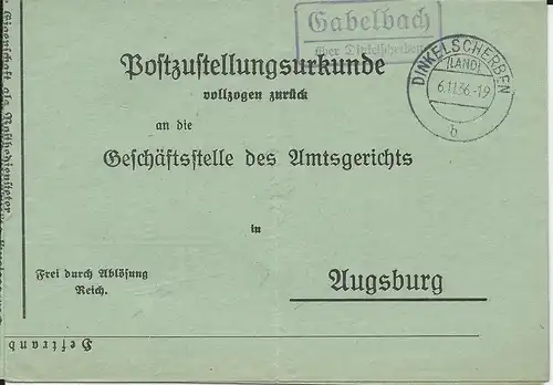 DR 1936, Landpost Stpl. Gabelbach ü. Dinkelscherben auf Zustellungsurkunde
