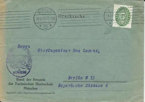 DR 1930, EF 5 Pf. Dienst auf Drucksache Brief Bayer. Techn. Hochschule München.