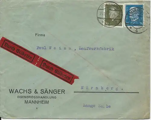 DR 1929, 25+30 Pf. auf Firmen Eilboten Brief v. Mannheim n. Nürnberg.
