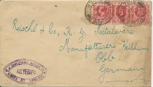 Nigeria 1935, K2 Ijebu Ode auf Brief m. 3x1d n. Deutschland. "return to..."