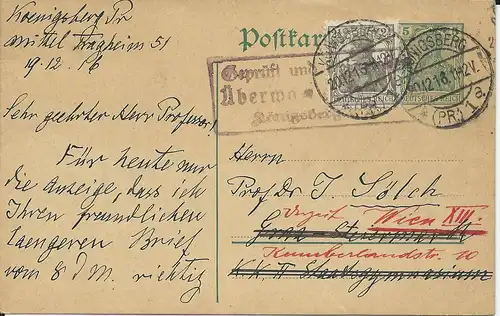 DR 1916, Ganzsache m. Zustzfrankatur v. Königsberg n. Österreich. Zensur.