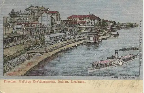 Dresden 1901, gebr. Seidenimitation AK Helbigs Etablissement m. Dampf Schiff
