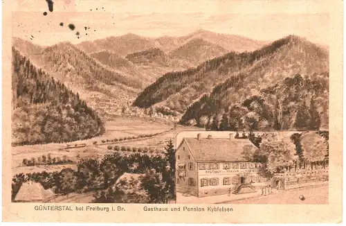 Günterstal b. Freiburg, Gasthaus u. Pension Kybfelsen, 1921 gebr. sw-AK.