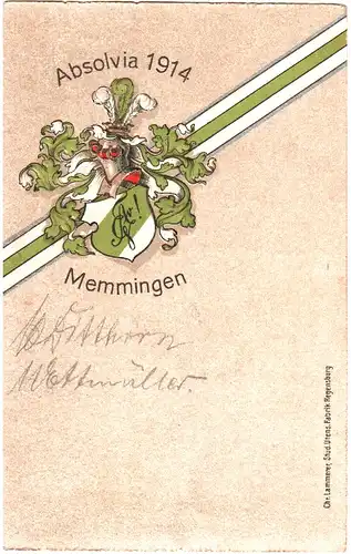 Memmingen, Absolvia 1914, gebr. Präge-Farb-AK m. Unterschriften.