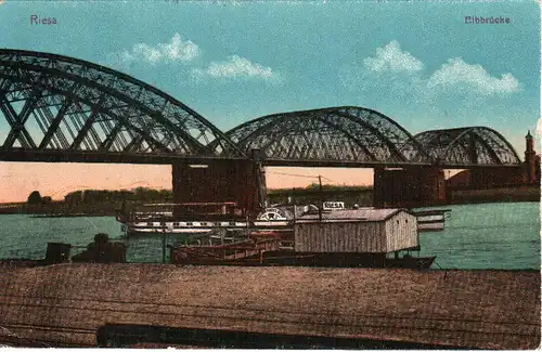 Riesa, Elbbrücke, 1921 gebr. Farb-AK.