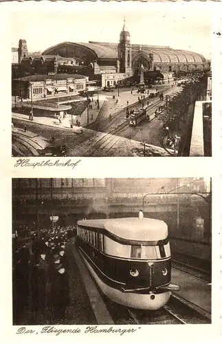 Hamburg, Bahnhof u. Schnell Zug, 1934 gebr. sw-AK, u.a. Tram Bahn
