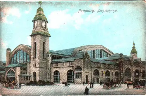 Hamburg, Haupt-Bahnhof, ungebr. Farb-AK, u.a. Pferde Kutschen.