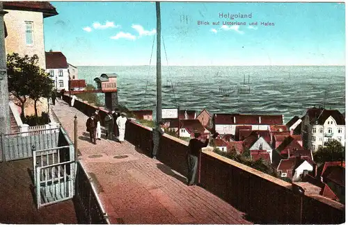 Helgoland, Unterland u. Hafen, 1914 gebr. Farb-AK.