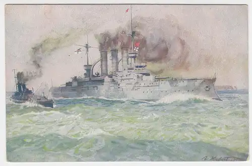 Dt. Linienschiff auf Patrouillenfahrt bei Helgoland, ungebr. Farb-AK. #1836