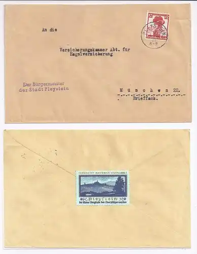 DR 1933, Pleystein, Brief m. 12 Pf. Stände u. rücks. Orts Vignette. #431