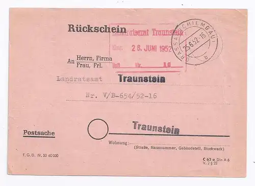 BRD 1952, Grassau, Formlar Rückschein Postsache n. Traunstein. #1399