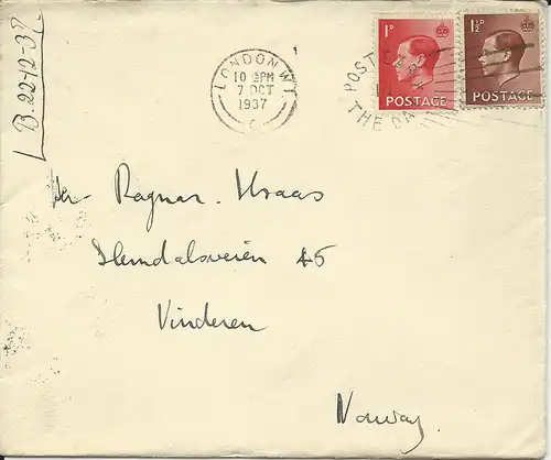 GB 1937, 1+1 1/2d Edward VIII auf kl. Brief v. London n.Norwegen. 