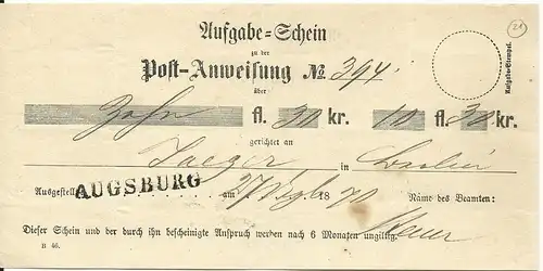 Bayern 1870, L1 Augsburg auf Postschein f. eine Postanweisung